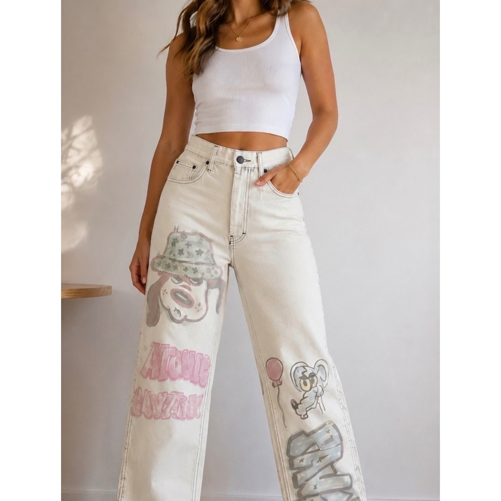Bershka 90s Wide Leg Denim White Cartoon Graffiti Graphic Jeans Womens 34 New